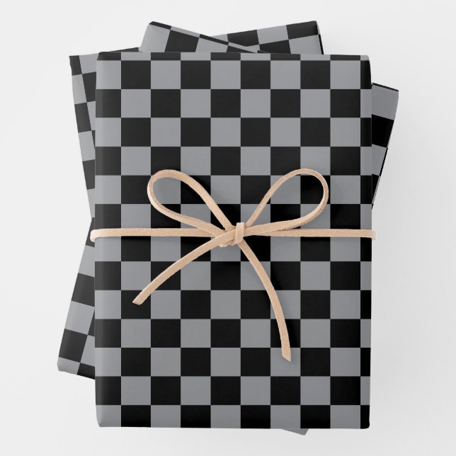 Black and Grey Chequered Print Wrapping Paper Sheet (In situ)