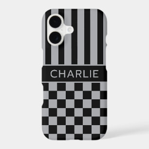 Black and Grey Chequered Striped Personalised