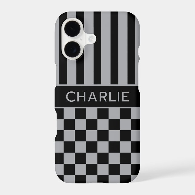 Black and Grey Chequered Striped Personalised (Back)