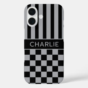 Black and Grey Chequered Striped Personalised iPhone 16 Case