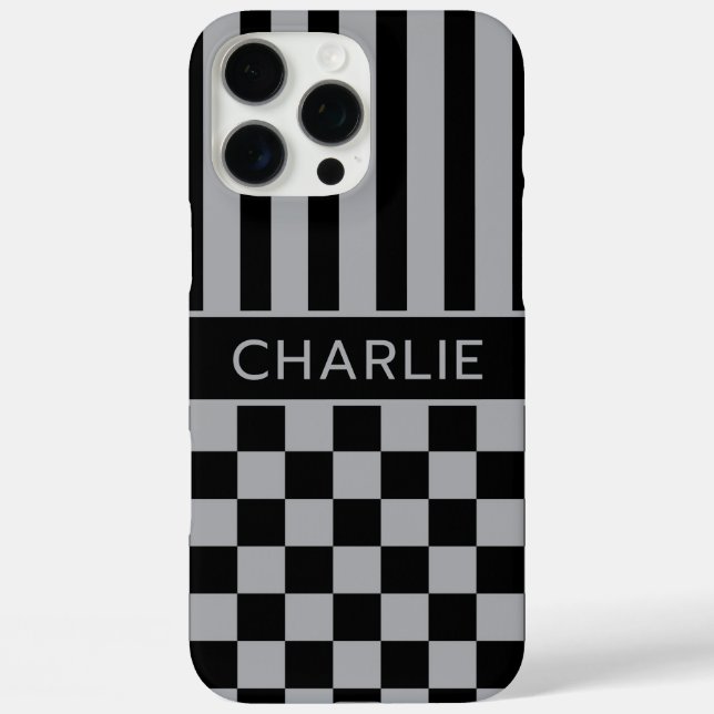 Black and Grey Chequered Striped Personalised Case-Mate iPhone Case (Back)