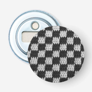 Black and Grey Chess Board Squares Crochet Print Bottle Opener