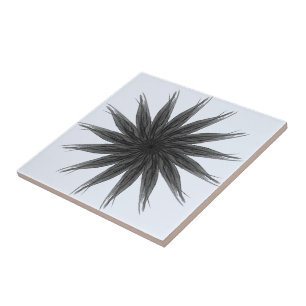 Black And Grey Circular Spray Of Feathered Leaves  Tile