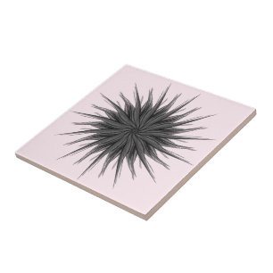 Black And Grey Circular Spray Of Feathered Leaves Tile