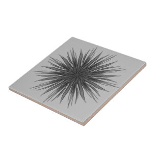 Black And Grey Circular Spray Of Feathered Leaves Tile
