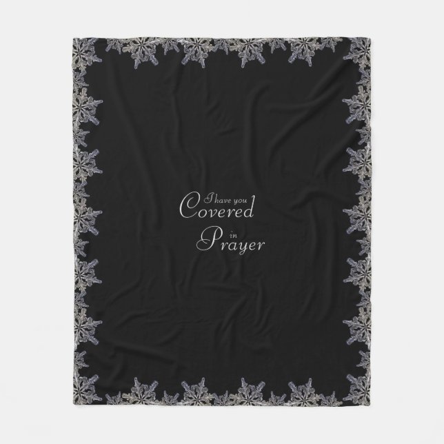 Black and Grey Covered in Prayer Crystal Snowflake Fleece Blanket (Front)
