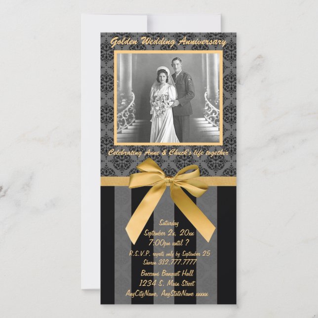 Black And Grey Damask Golden Anniversary Card (Front)