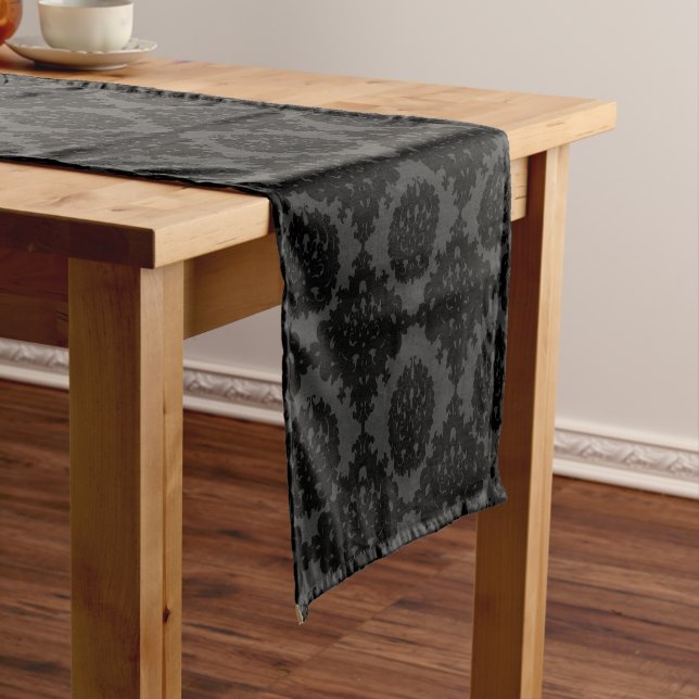 Black and Grey Damask Pattern Short Table Runner (In Situ)