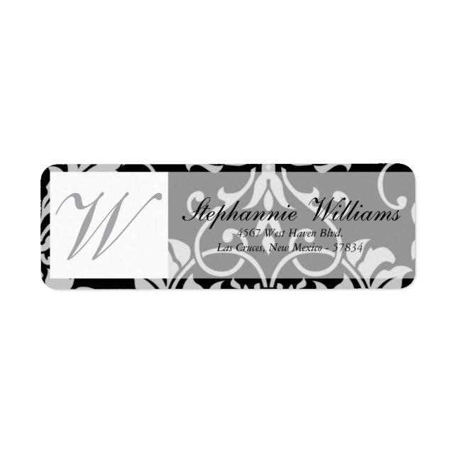 Black and Grey Damask Wedding Return Address Label (Front)
