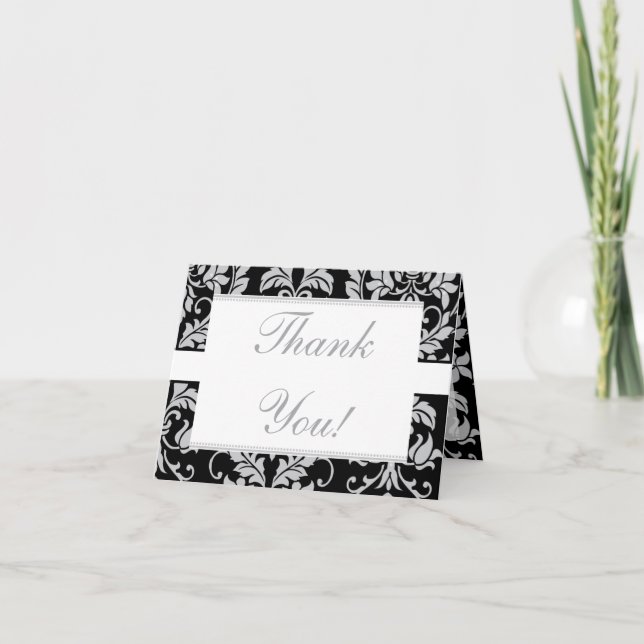 Black and Grey Damask Wedding Thank You Card (Front)