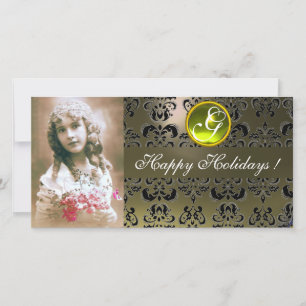 BLACK AND GREY DAMASK Yellow Topaz Monogram Holiday Card
