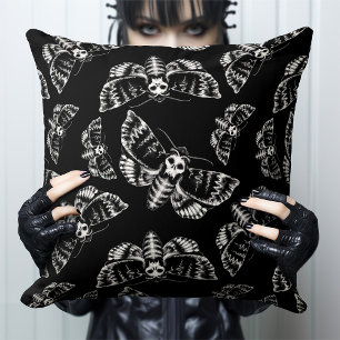 Black and Grey Deaths Head Hawk Moth Gothic Skull Cushion