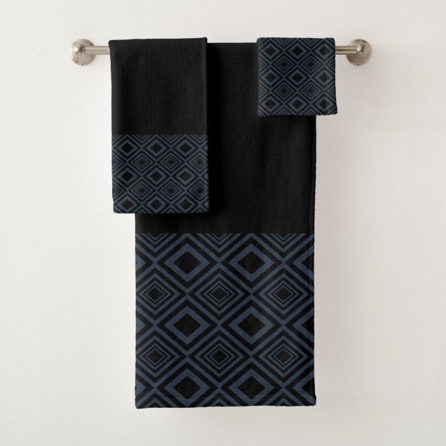 Black and Grey Diamond Pattern Bath Towel Set (Insitu)