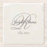 Black and Grey Fancy Script Monogrammed Stone Coaster<br><div class="desc">In the sample photo for this stone coaster, I created a customised version to show a little variety for the font style. Wedding anniversary elegant coaster with a minimalist couple's monogram in a fancy calligraphy script in grey and black. Customise the font size as needed for the bride and groom's...</div>