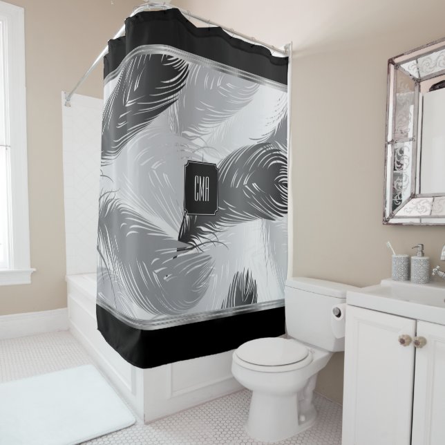 Black and Grey Feather Pattern with Monogram Shower Curtain (In Situ)
