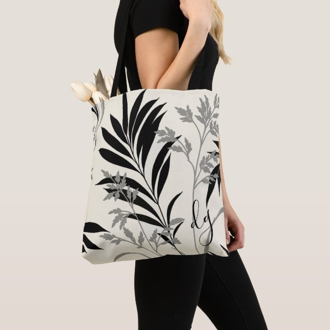 Black and Grey Fern Fronds Tote Bag (Close Up)
