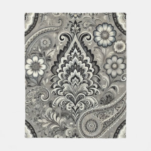Black and Grey Floral Paisley Elegance Fleece Blanket