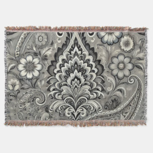 Black and Grey Floral Paisley Elegance Throw Blanket