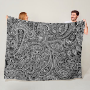 Black and Grey Floral Paisley Pattern Fleece Blanket