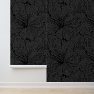 Black and grey floral tile pattern wallpaper