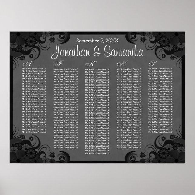 Black and Grey Floral Wedding Table Seating Charts (Front)
