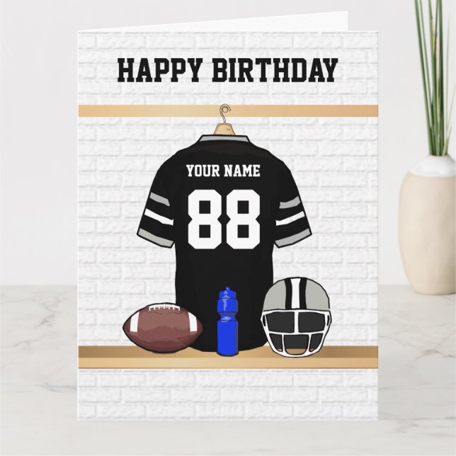Black and Grey Football Jersey Happy Birthday Card (Front)