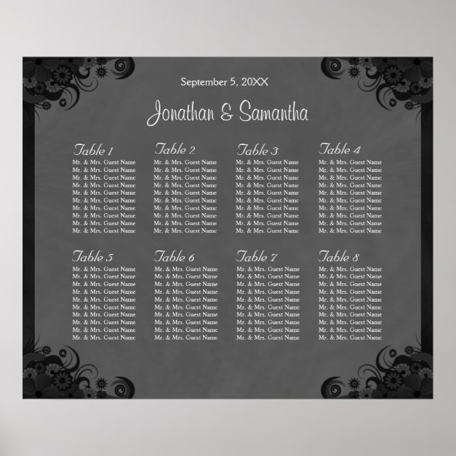 Black and Grey Goth Wedding 8 Tables Seating Chart (Front)