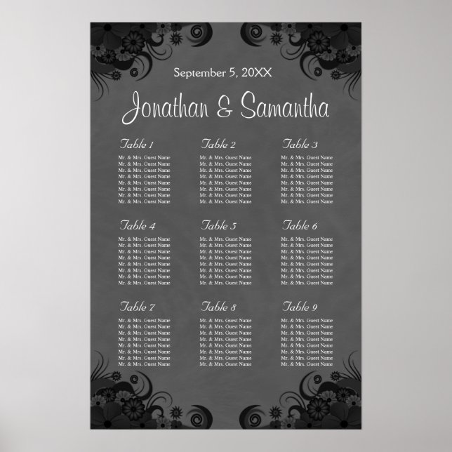 Black and Grey Goth Wedding 9 Tables Seating Chart (Front)