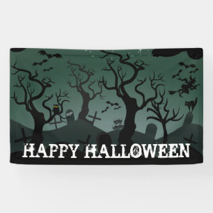 Black and grey graveyard, spooky trees Halloween Banner