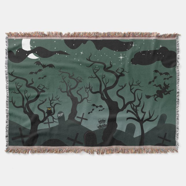 Black and grey graveyard, spooky trees Halloween Throw Blanket (Front)