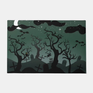 Black and grey haunted graveyard Halloween Doormat