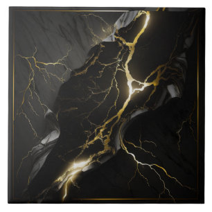 Black and Grey Marble with Bright Gold Veins Tile
