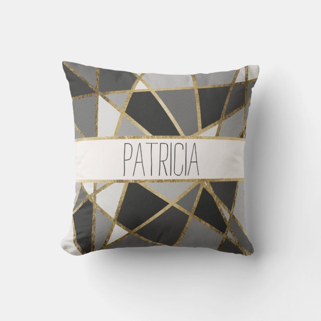 Black and Grey Modern Geo Gold Triangles Monogram Cushion (Front)