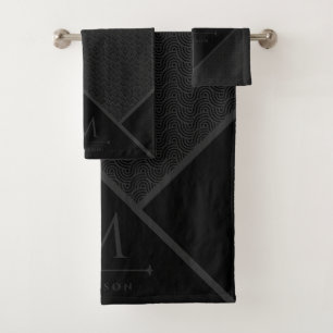 Black and Grey Modern Geometric Wavy Curved Lines Bath Towel Set