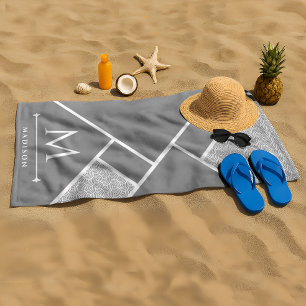 Black and Grey Modern Geometric Wavy Curved Lines Beach Towel