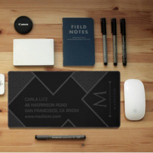 Black and Grey Modern Geometric Wavy Curved Lines Desk Mat