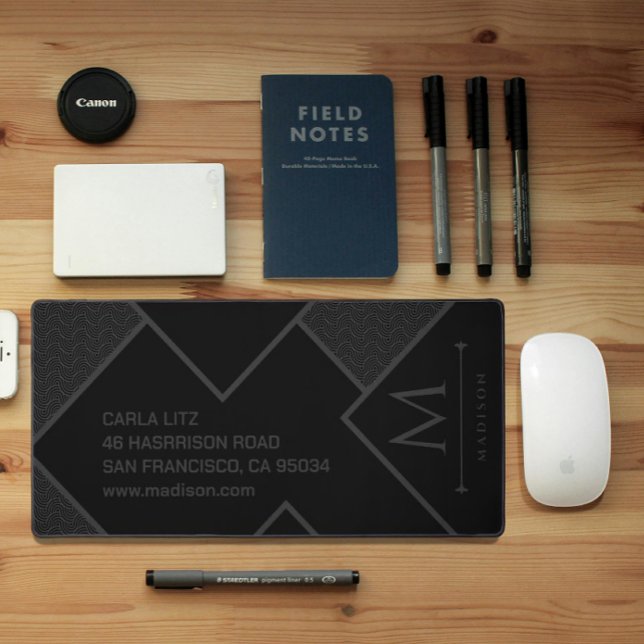 Black and Grey Modern Geometric Wavy Curved Lines Desk Mat (Creator Uploaded)