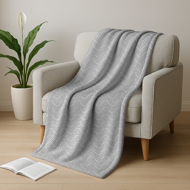 Black and Grey Modern Geometric Wavy Curved Lines Fleece Blanket (Creator Uploaded)