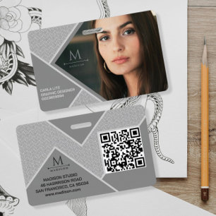 Black and Grey Modern Geometric Wavy Curved Lines ID Badge
