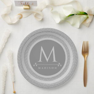 Black and Grey Modern Geometric Wavy Curved Lines Paper Plate