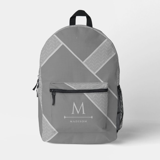 Black and Grey Modern Geometric Wavy Curved Lines Printed Backpack (Front)