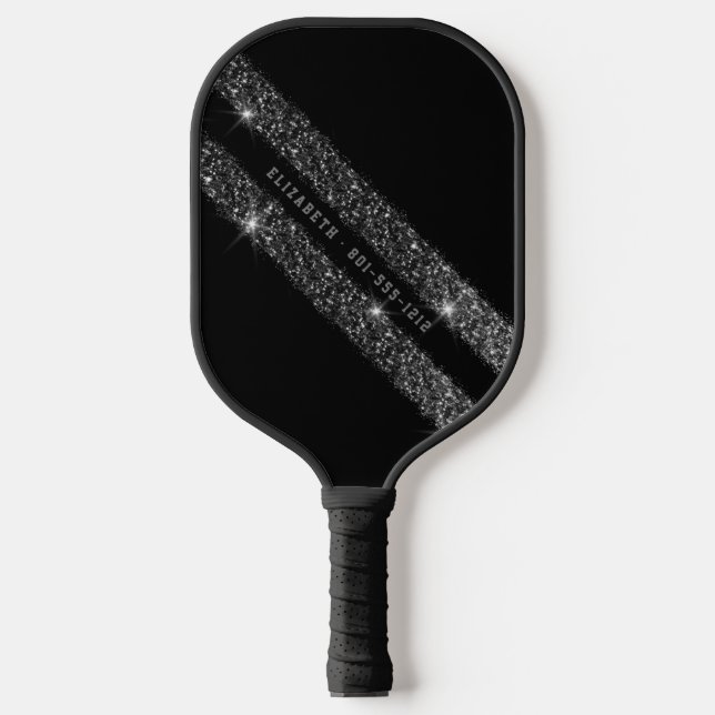Black and Grey Monochrome Glitter Sport Stripe Pickleball Paddle (Front)