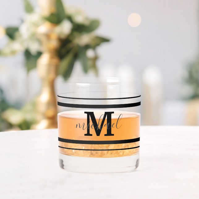 black and grey monogram initial name decorative whiskey glass (Insitu (Wedding))