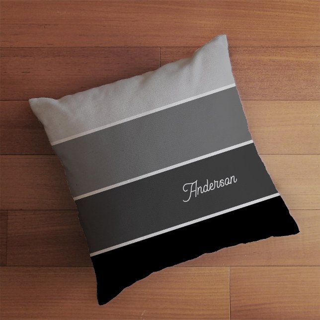 Black and Grey | Ombre Stripes with Script Cushion (A neutral black and gray striped pillow with your name in script)