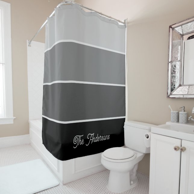 Black and Grey | Ombre Stripes with Script Shower Curtain (In Situ)