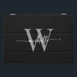 Black And Grey Personalised Monogram Name Script iPad Pro Cover<br><div class="desc">Girly Elegant Black And Grey Simple Minimal Monogram Initial Name Script Custom Personalised iPad Cover. These design featuring your first name in a pretty hand lettered style swash tail font typography (or calligraphy) with monogram initial in white and grey on black background. These are easy to customise. Great stylish feminine...</div>