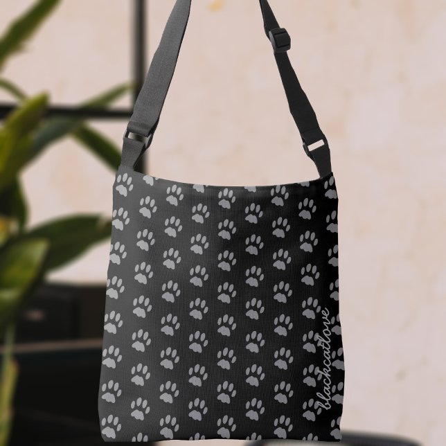  Black and Grey Pet Paw Print Pattern Cat Lover Crossbody Bag (A purrfect paw print crossbody bag with space for your name)