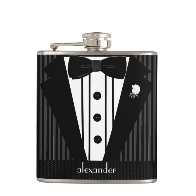 Black and Grey Pin Stripe Tuxedo-Wedding Hip Flask (Front)