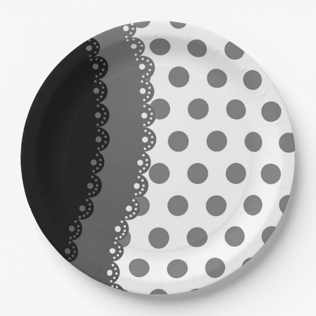 Black and Grey Polka Dot Paper Plates (Front)