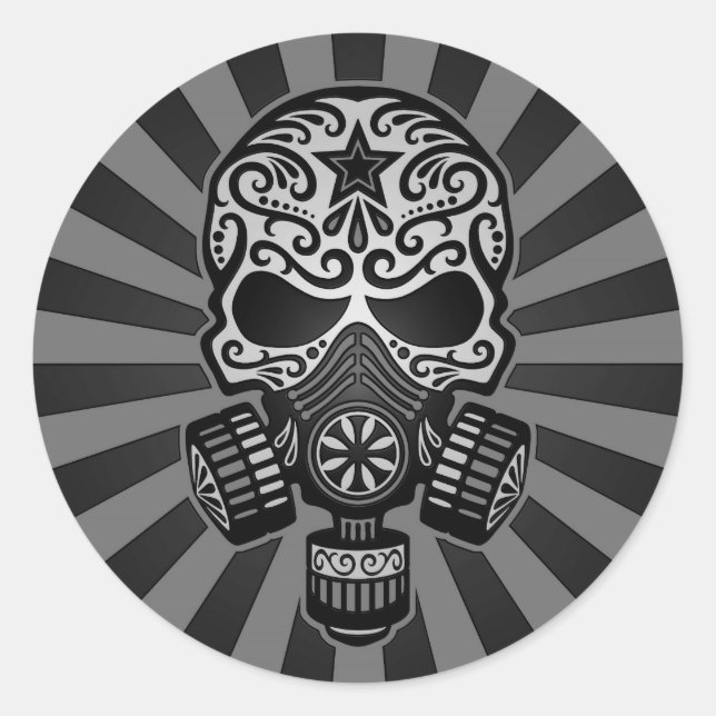Black and Grey Post Apocalyptic Sugar Skull Classic Round Sticker (Front)